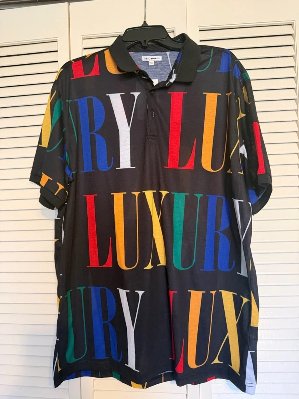 Fashion Nova Black Polo with Multicolor 'LUXURY' Print - Picture 1 of 4